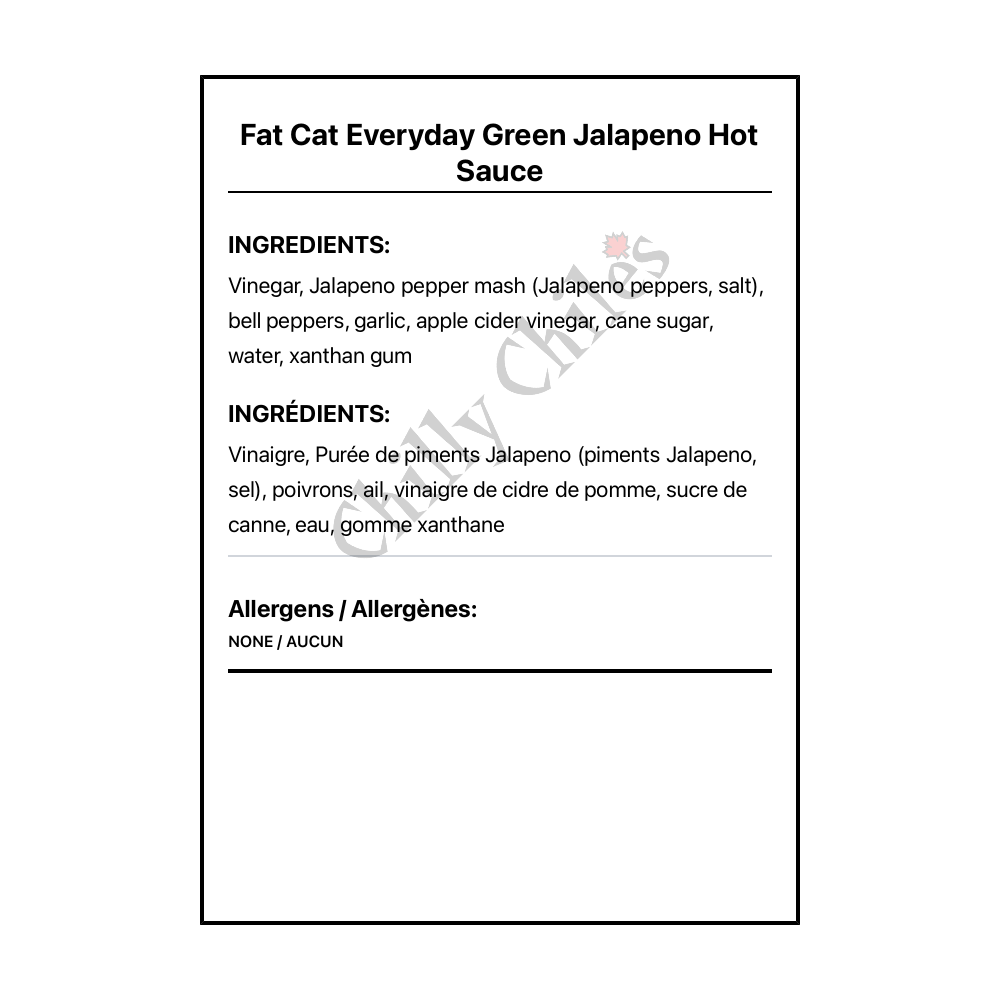 Fat Cat Everyday Green Jalapeno Hot Sauce - Bilingual Ingredients