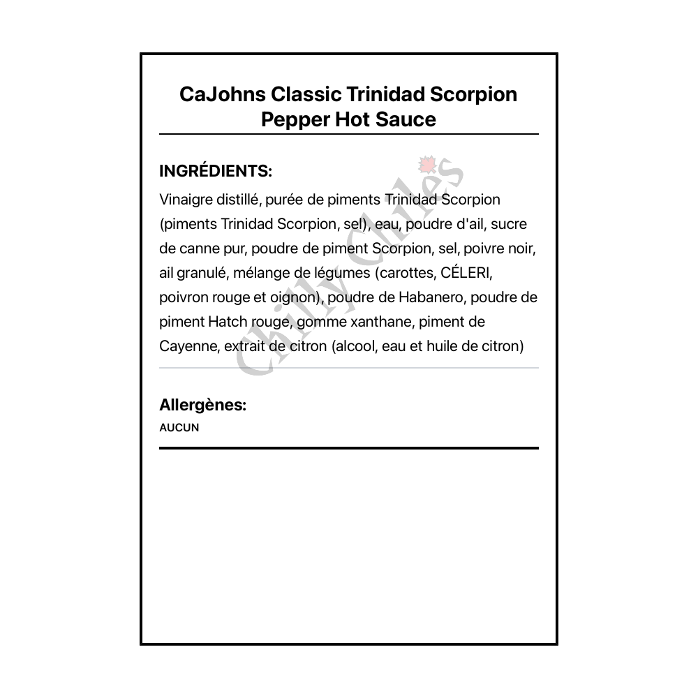 CaJohns Classic Trinidad Scorpion Pepper Hot Sauce - Ingrédients Français
