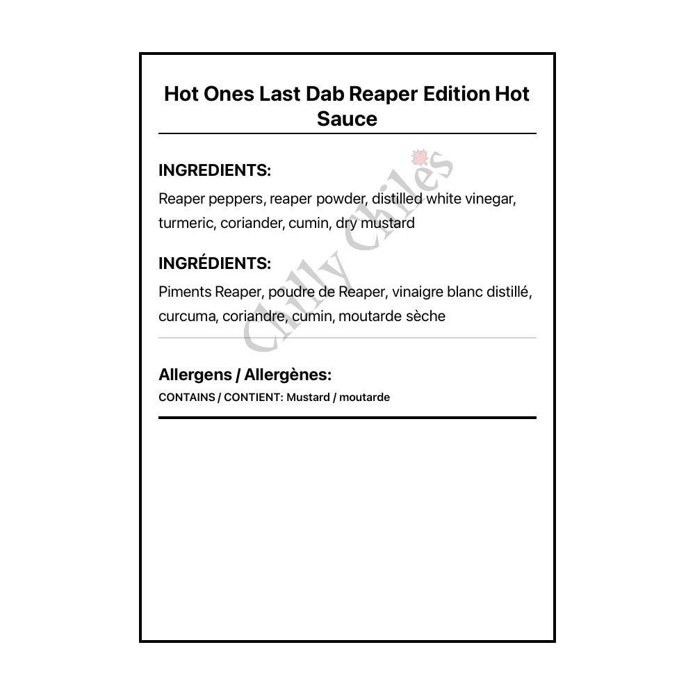 Hot Ones Last Dab Reaper Edition Hot Sauce - Bilingual Ingredients