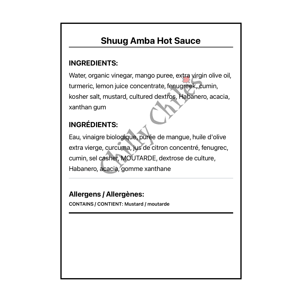 Shuug Amba Hot Sauce - Bilingual Ingredients