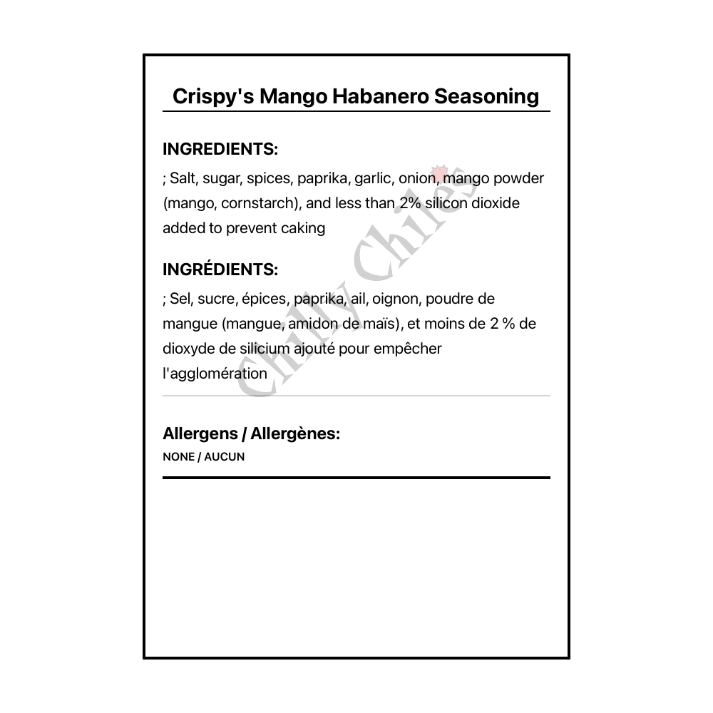 Crispy's Mango Habanero Seasoning - Bilingual Ingredients