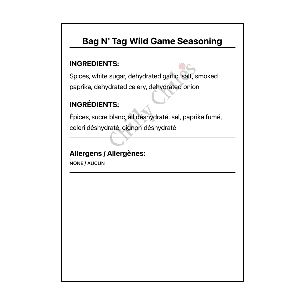 Bag N' Tag Wild Game Seasoning - Bilingual Ingredients