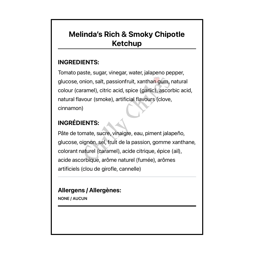 Melinda’s Rich & Smoky Chipotle Ketchup - Bilingual Ingredients
