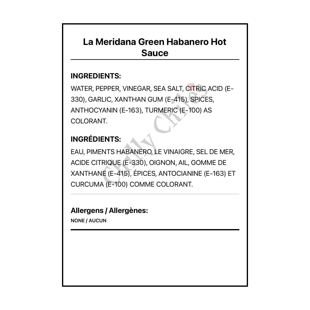 La Meridana Green Habanero Hot Sauce - Bilingual Ingredients