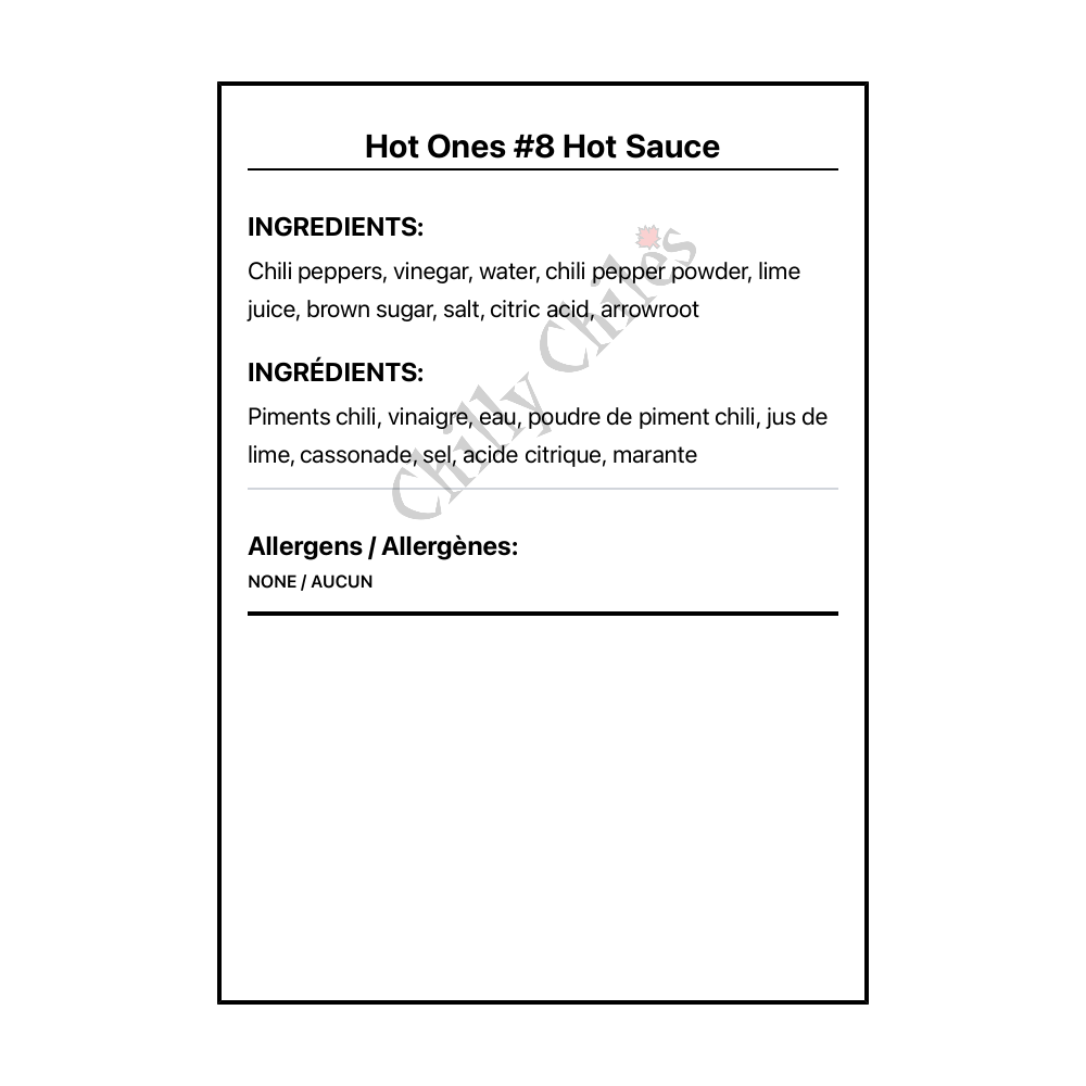 Hot Ones #8 Hot Sauce - Bilingual Ingredients