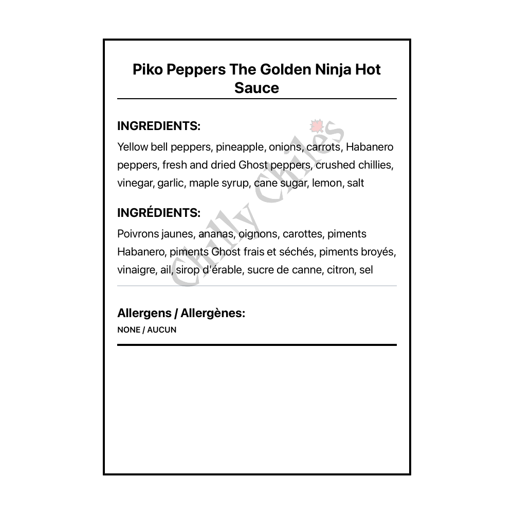 Piko Peppers The Golden Ninja Hot Sauce - Bilingual Ingredients