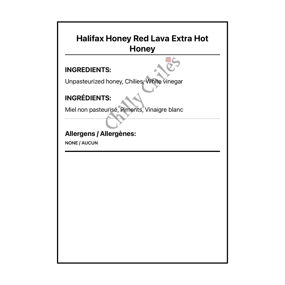 Halifax Honey Red Lava Extra Hot Honey - Bilingual Ingredients