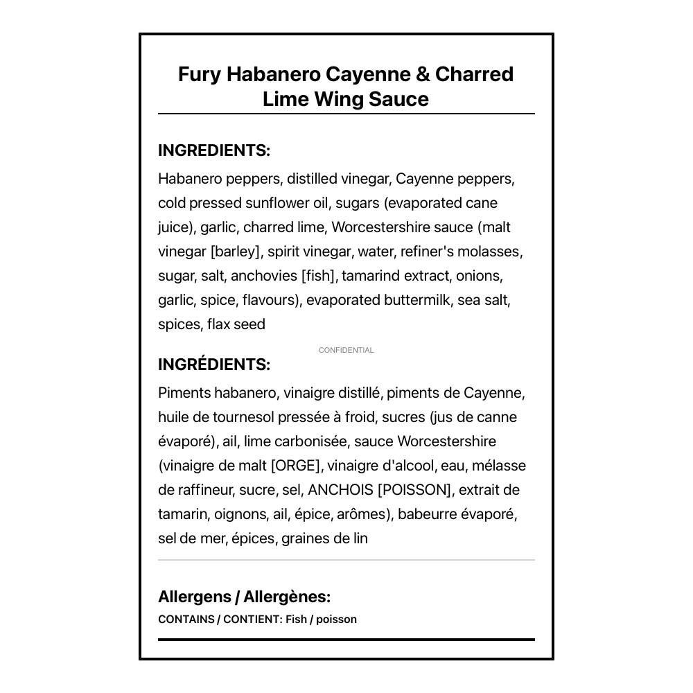 Fury Habanero Cayenne & Charred Lime Wing Sauce - Bilingual Ingredients