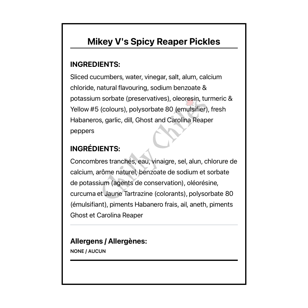 Mikey V's Spicy Reaper Pickles - Bilingual Ingredients