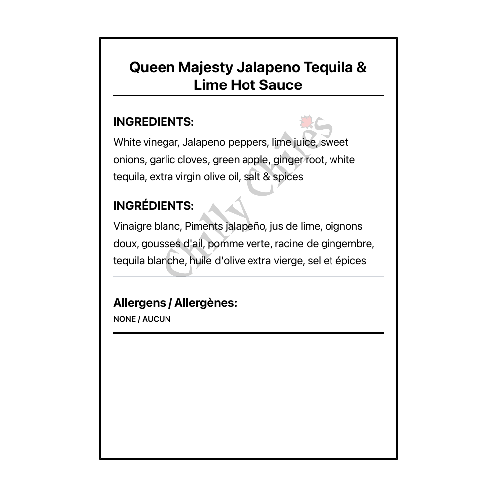 Queen Majesty Jalapeno Tequila & Lime Hot Sauce - Bilingual Ingredients