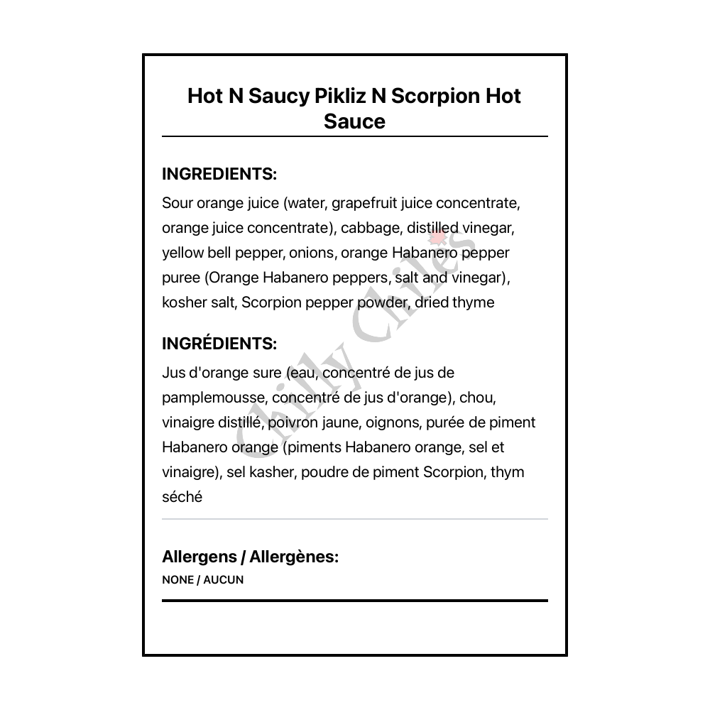 Hot N Saucy Pikliz N Scorpion Hot Sauce - Bilingual Ingredients