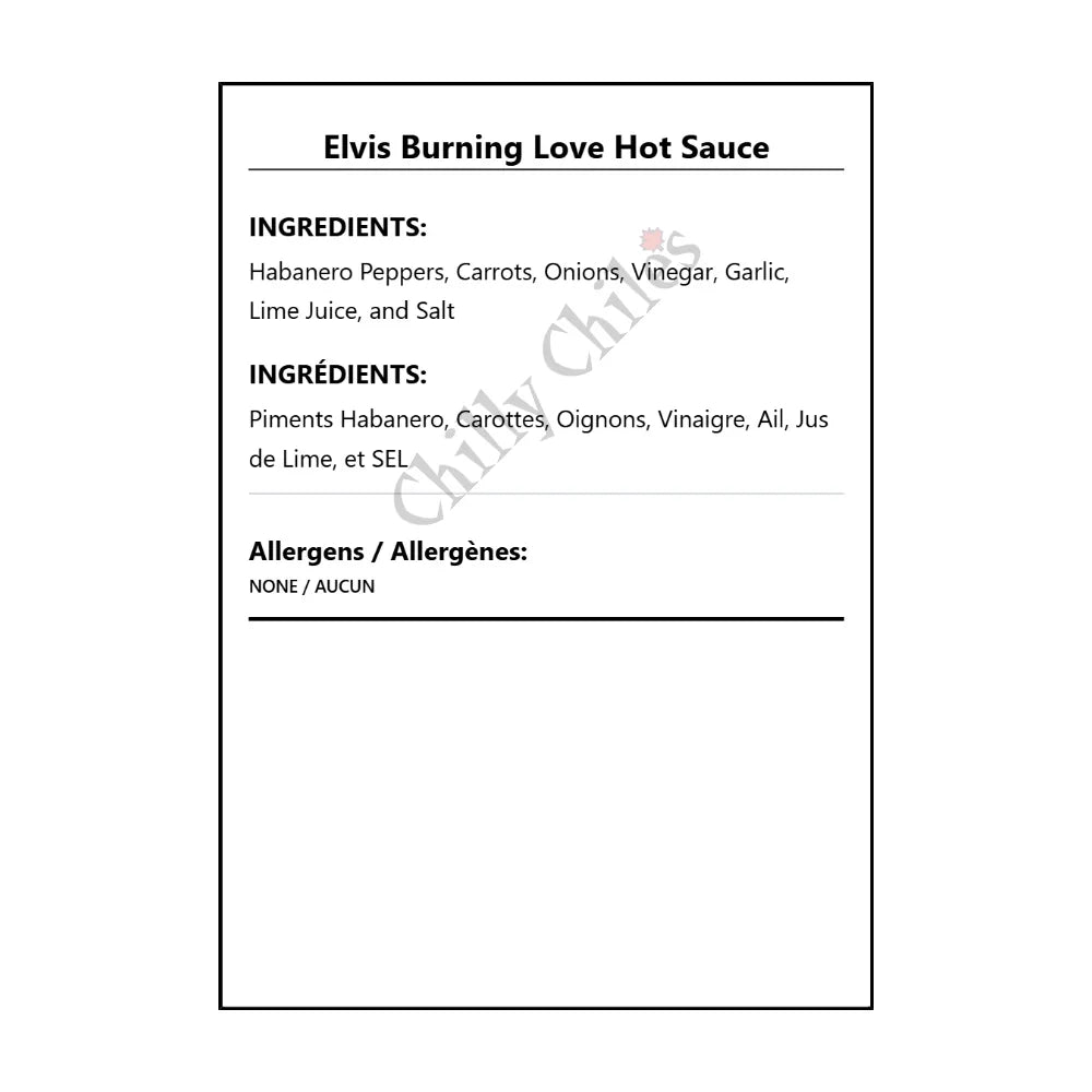Elvis Burning Love Hot Sauce - Bilingual Ingredients