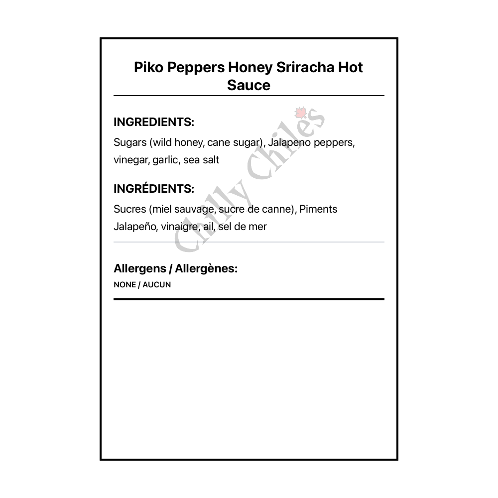 Piko Peppers Honey Sriracha Hot Sauce - Bilingual Ingredients