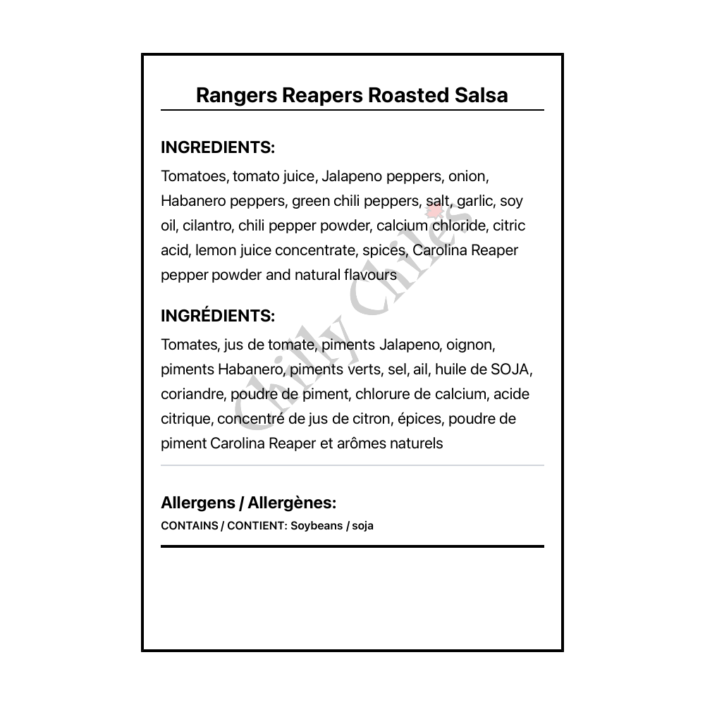 Rangers Reapers Roasted Salsa - Bilingual Ingredients