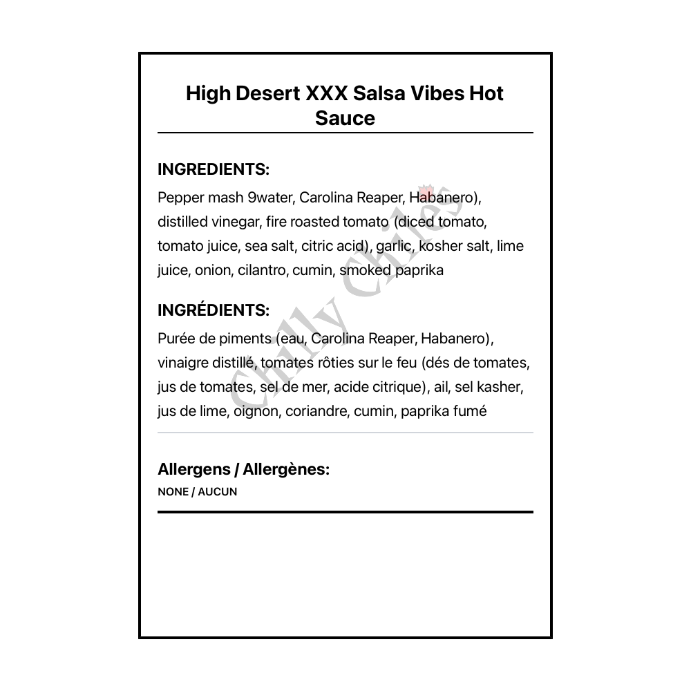 High Desert XXX Salsa Vibes Hot Sauce - Bilingual Ingredients