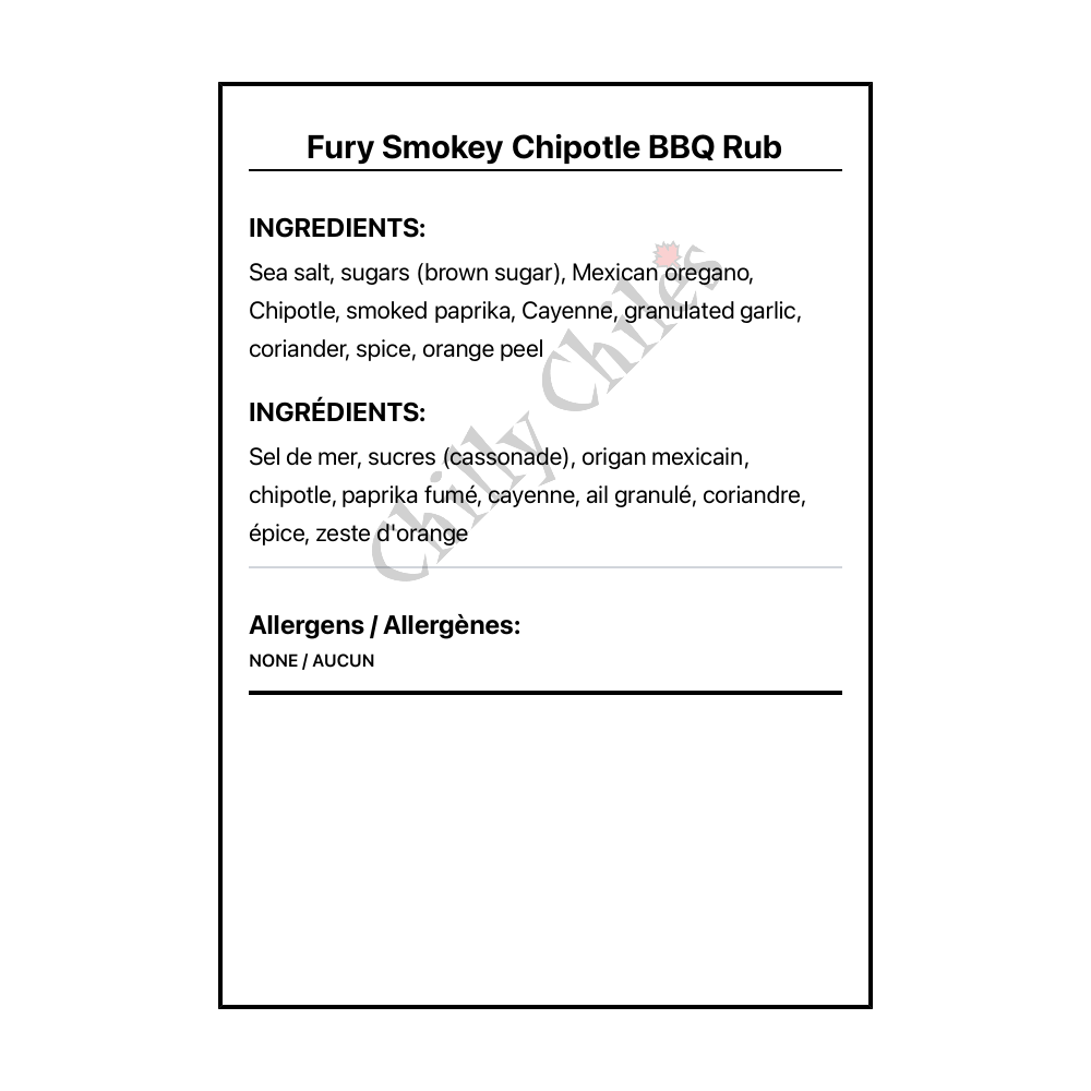 Fury Smokey Chipotle BBQ Rub - Bilingual Ingredients
