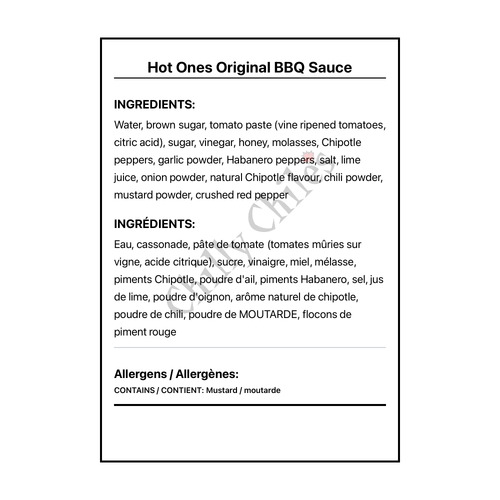 Hot Ones Original BBQ Sauce - Bilingual Ingredients