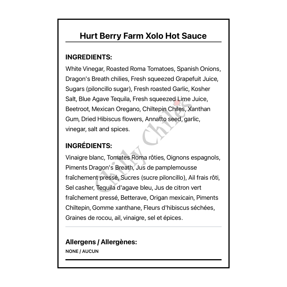 Hurt Berry Farm Xolo Hot Sauce - Bilingual Ingredients