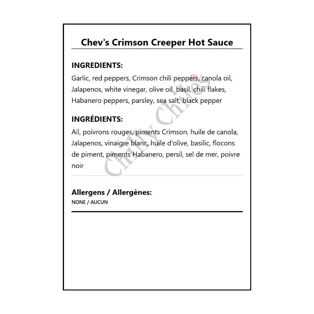 Chev's Crimson Creeper Hot Sauce - Bilingual Ingredients