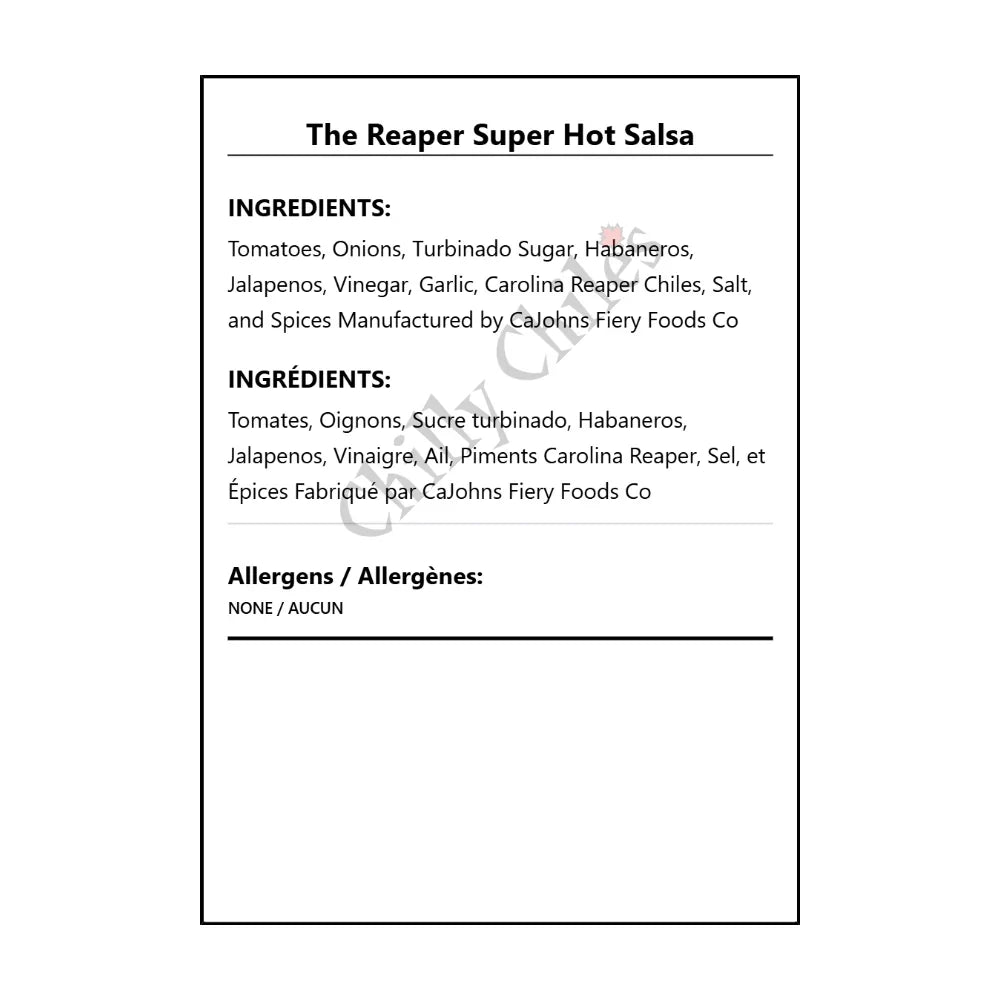 The Reaper Super Hot Salsa - Bilingual Ingredients