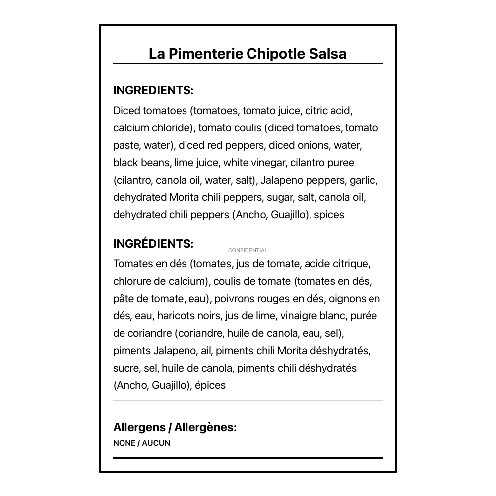 La Pimenterie Chipotle Salsa - Bilingual Ingredients