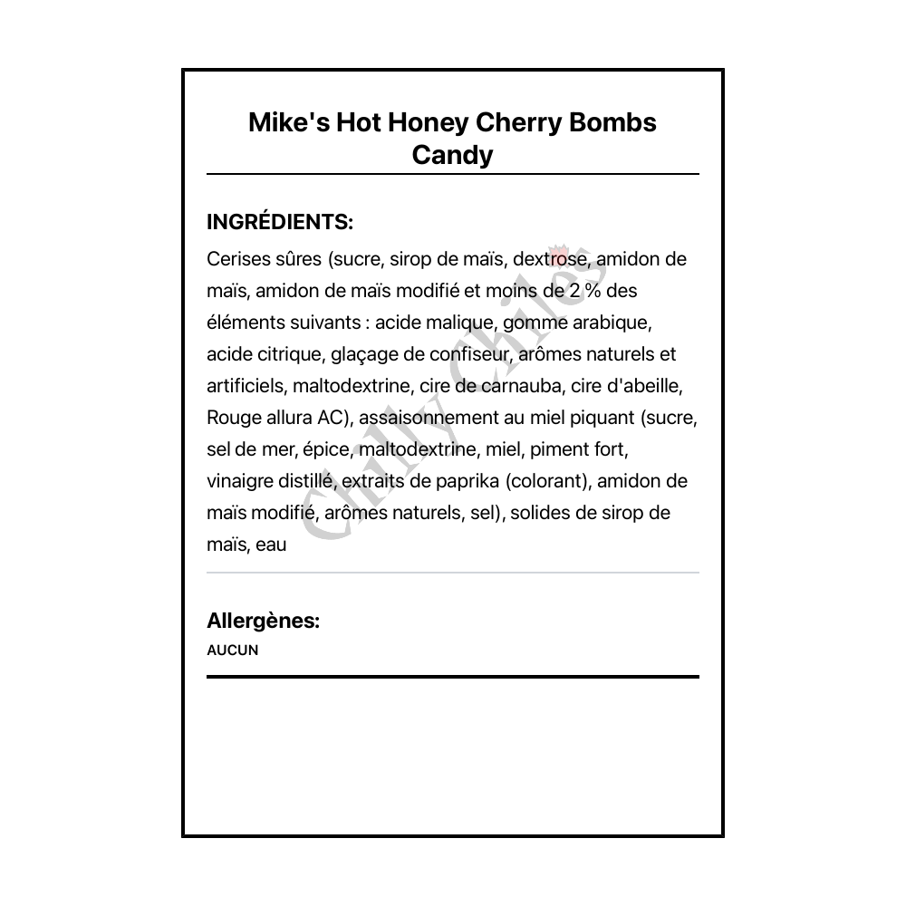 Mike's Hot Honey Cherry Bombs Candy - Ingrédients Français