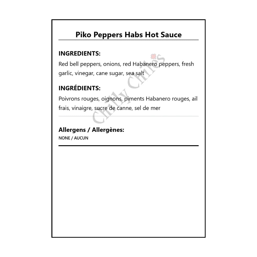 Piko Peppers Habs Hot Sauce - Bilingual Ingredients