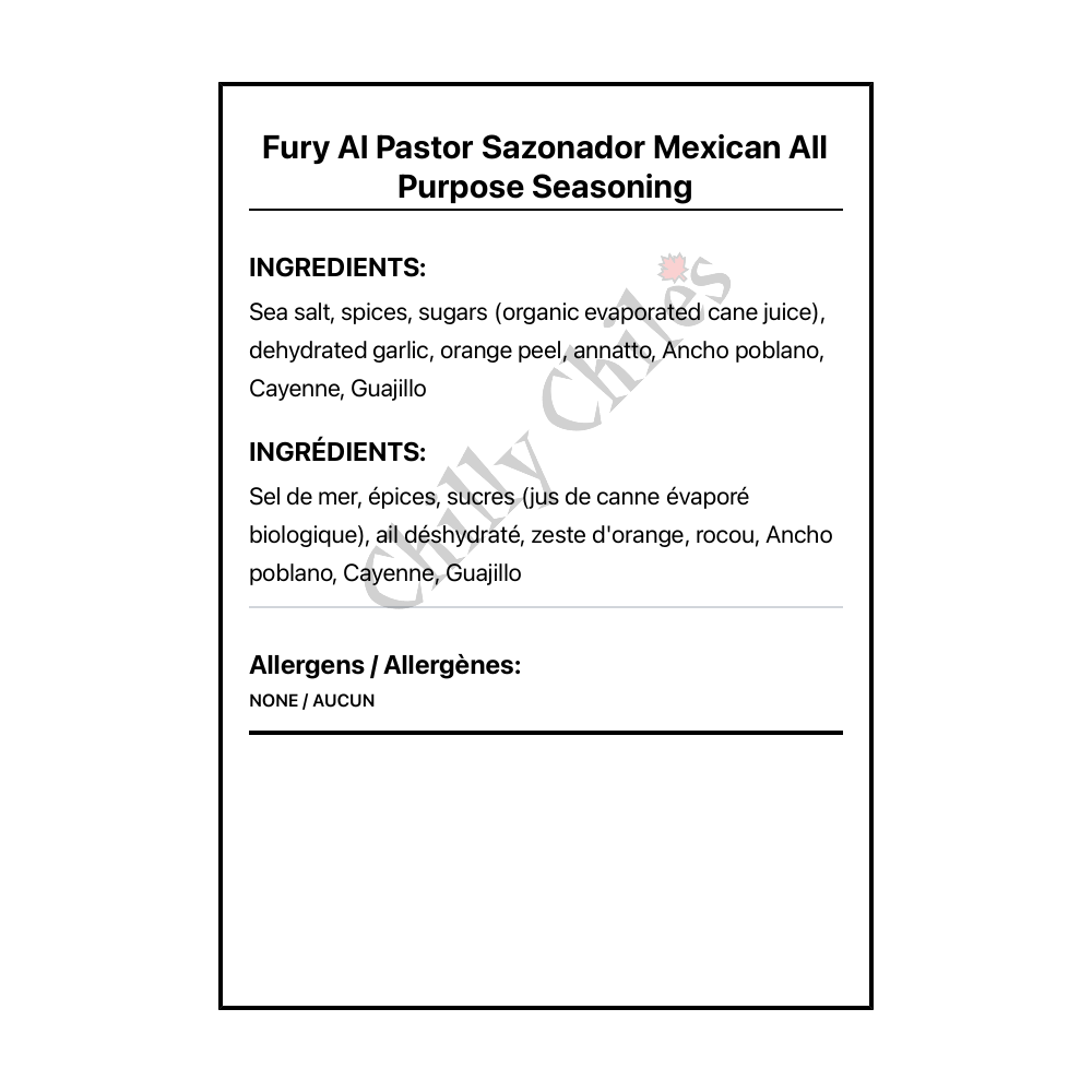 Fury Al Pastor Sazonador Mexican All Purpose Seasoning - Bilingual Ingredients