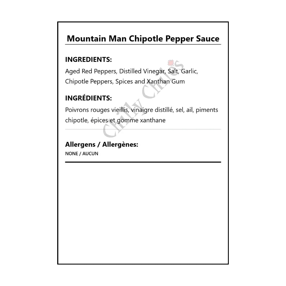 Mountain Man Chipotle Pepper Sauce - Bilingual Ingredients
