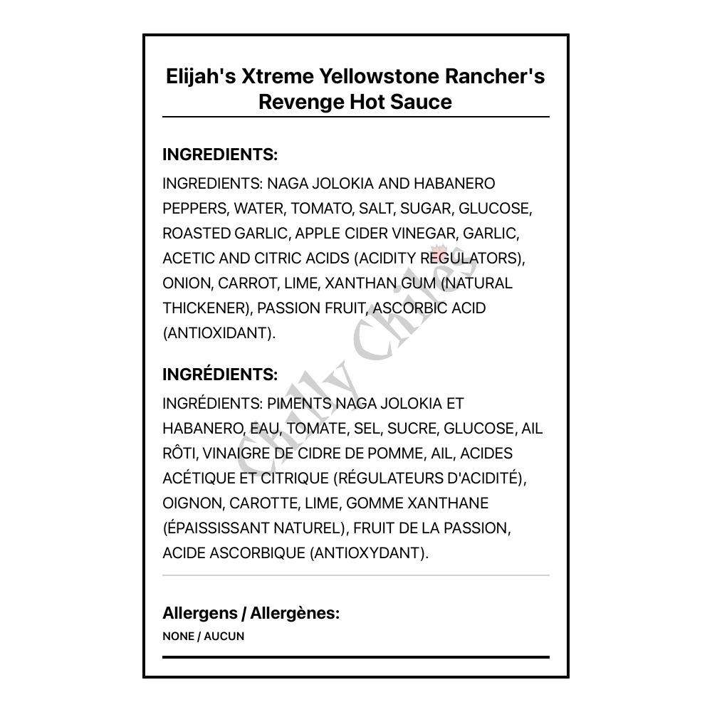 Elijah's Xtreme Yellowstone Rancher's Revenge Hot Sauce - Bilingual Ingredients