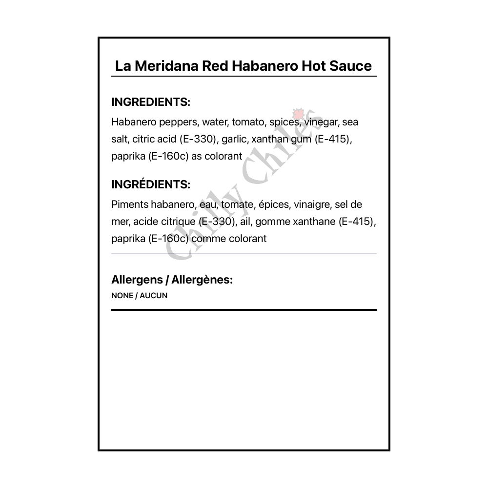 La Meridana Red Habanero Hot Sauce - Bilingual Ingredients
