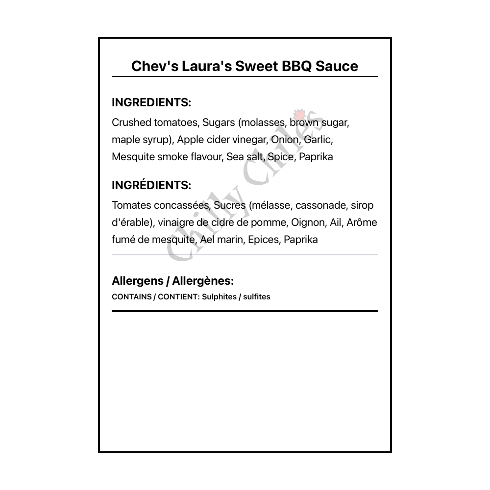 Chev's Laura's Sweet BBQ Sauce - Bilingual Ingredients