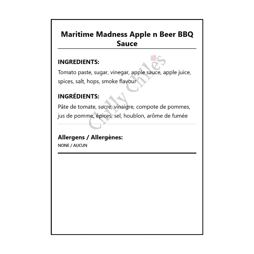 Maritime Madness Apple n Beer BBQ Sauce - Bilingual Ingredients