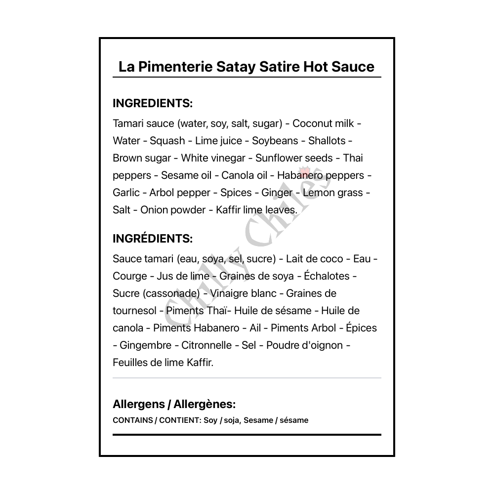 La Pimenterie Satay Satire Hot Sauce - Bilingual Ingredients
