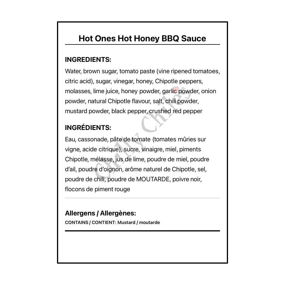 Hot Ones Hot Honey BBQ Sauce - Bilingual Ingredients