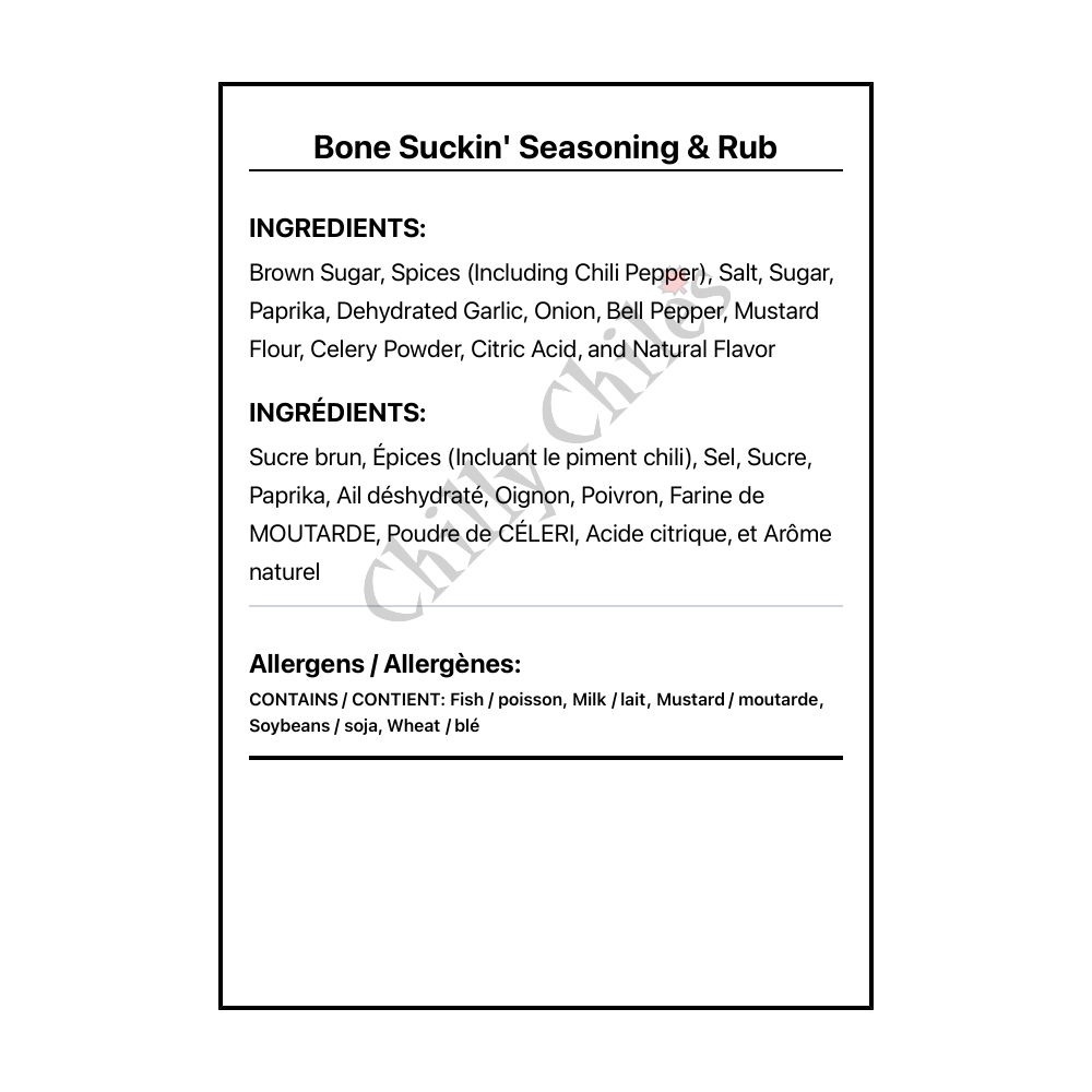 Bone Suckin' Seasoning & Rub - Bilingual Ingredients