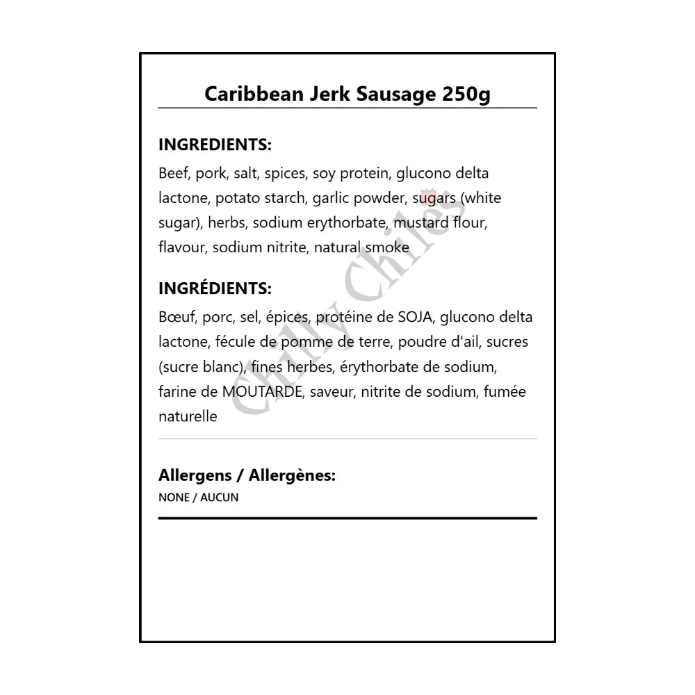 Caribbean Jerk Sausage 250g - Bilingual Ingredients