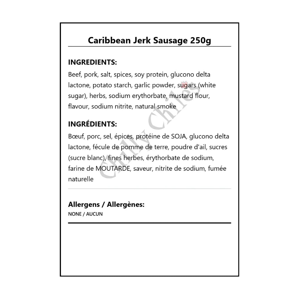 Caribbean Jerk Sausage 250g - Bilingual Ingredients