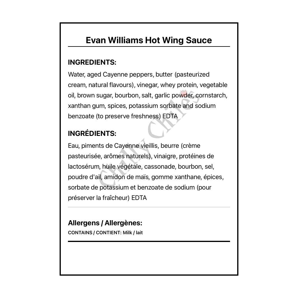 Evan Williams Hot Wing Sauce - Bilingual Ingredients