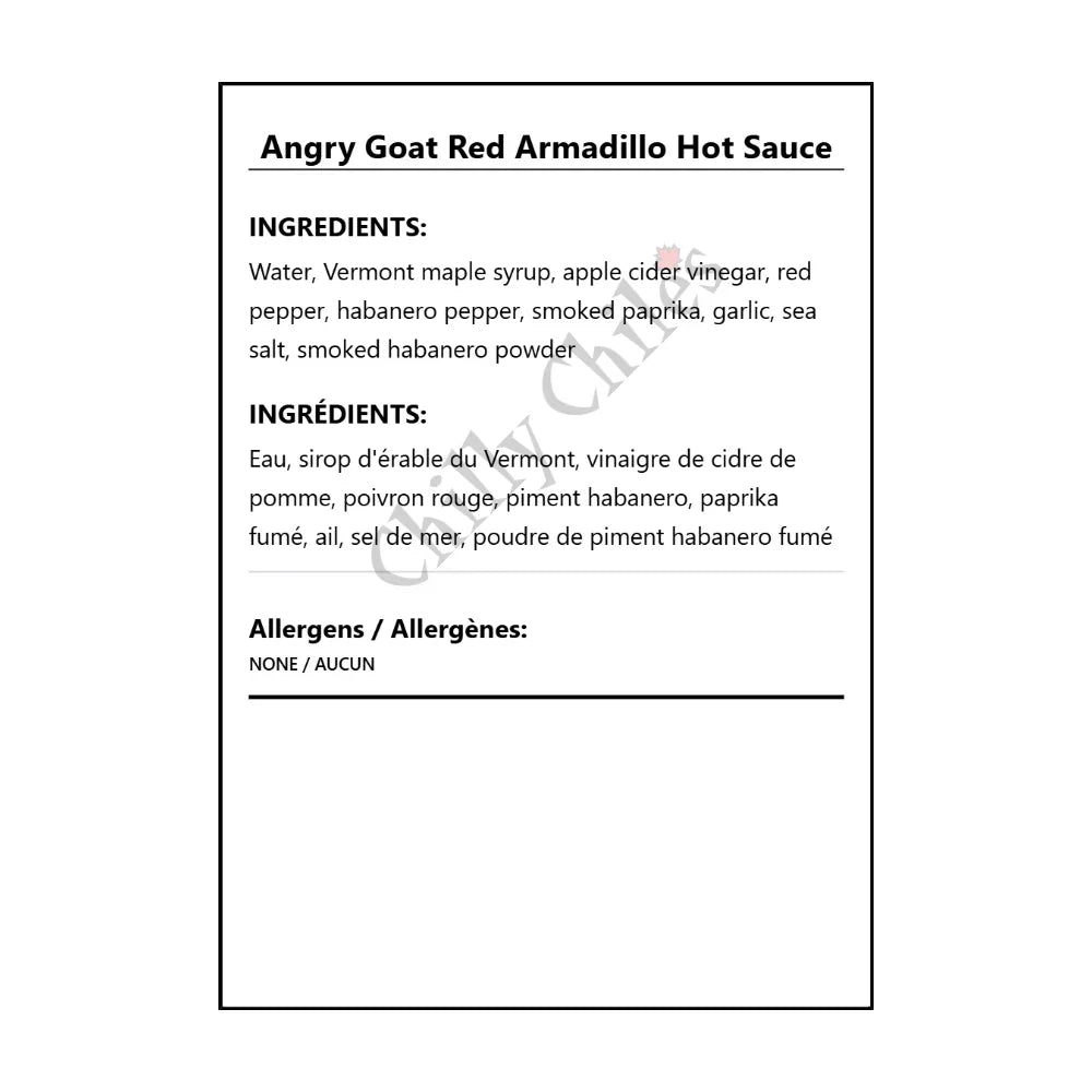 Angry Goat Red Armadillo Hot Sauce - Bilingual Ingredients