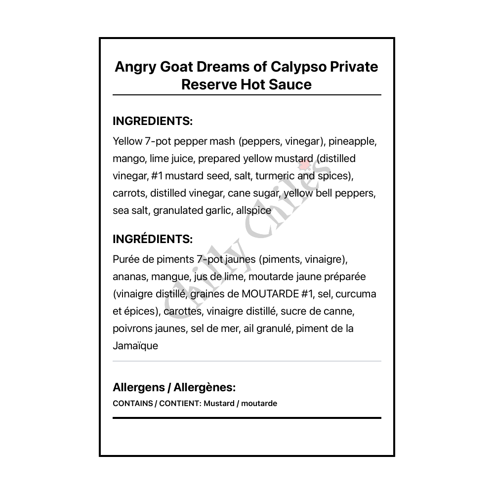 Angry Goat Dreams of Calypso Private Reserve Hot Sauce - Bilingual Ingredients