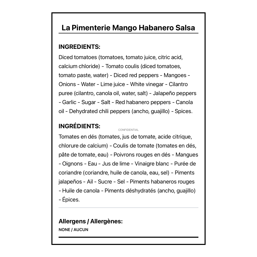 La Pimenterie Mango Habanero Salsa - Bilingual Ingredients