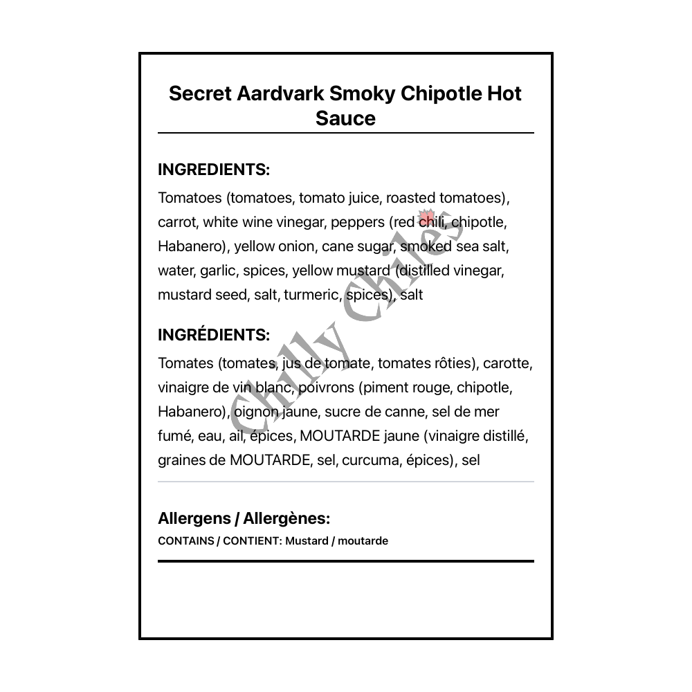 Secret Aardvark Smoky Chipotle Hot Sauce - Bilingual Ingredients