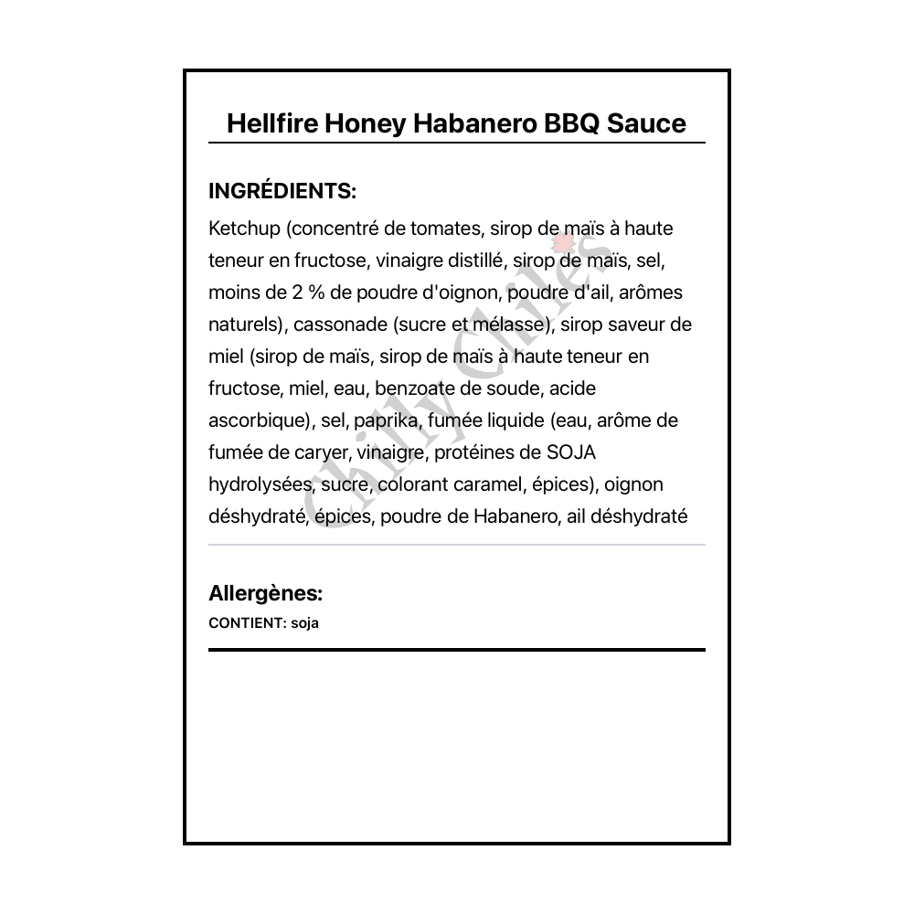 Hellfire Honey Habanero BBQ Sauce - Ingrédients Français