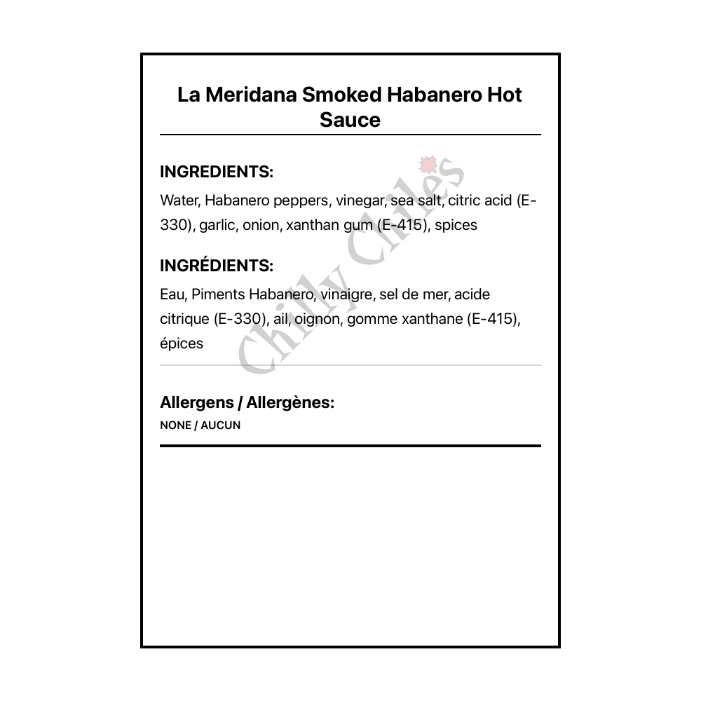 La Meridana Smoked Habanero Hot Sauce - Bilingual Ingredients