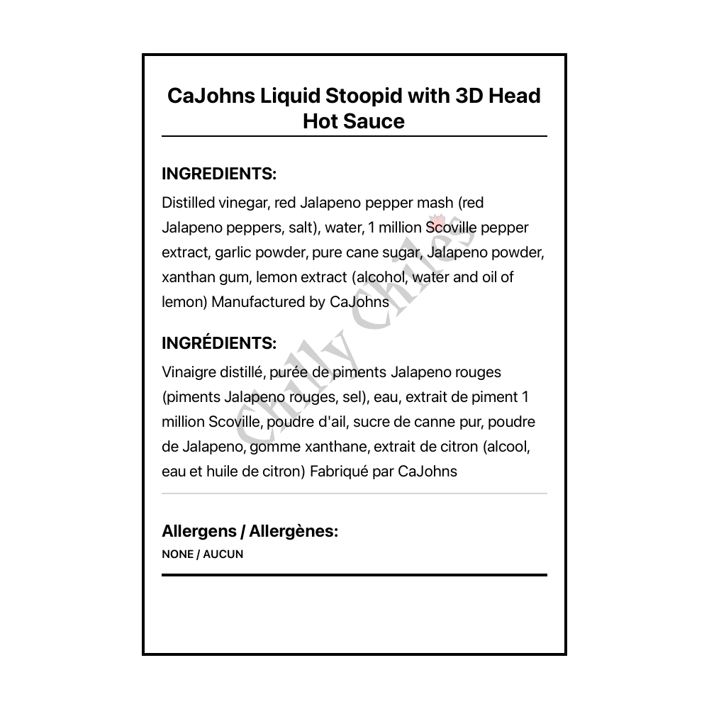 CaJohns Liquid Stoopid with 3D Head Hot Sauce - Bilingual Ingredients
