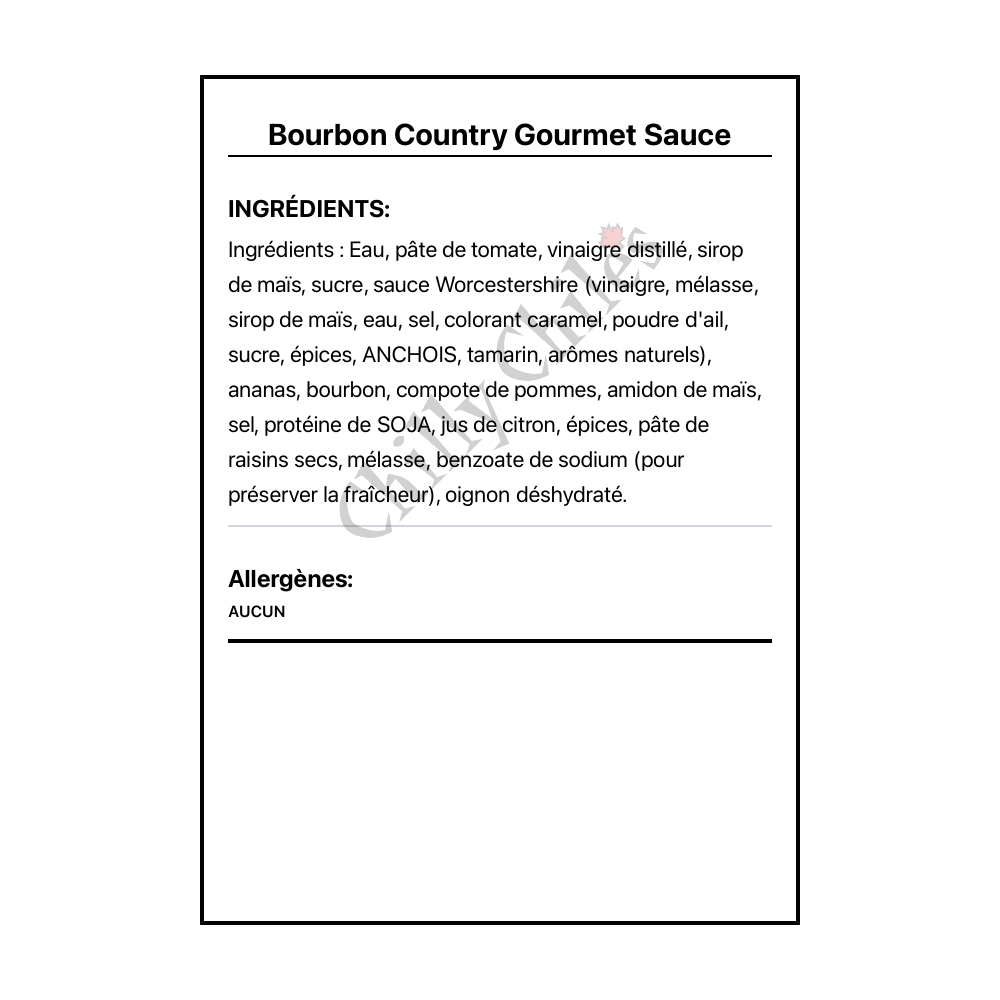 Bourbon Country Gourmet Sauce - Ingrédients Français