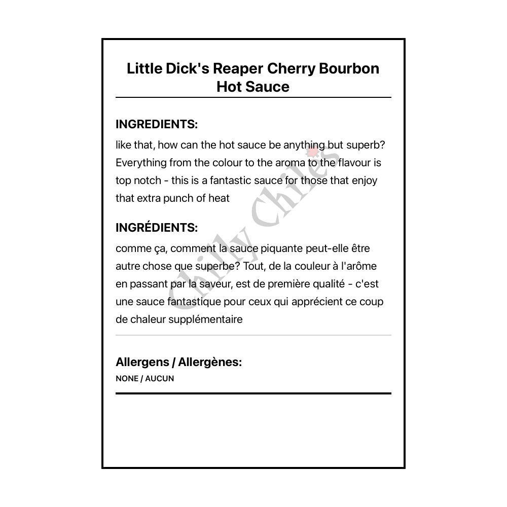 Little Dick's Reaper Cherry Bourbon Hot Sauce - Bilingual Ingredients