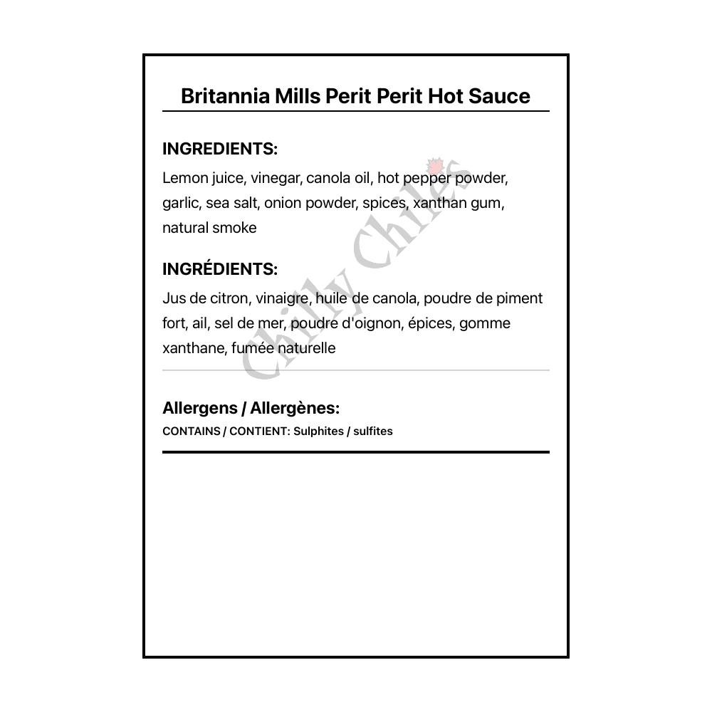 Britannia Mills Perit Perit Hot Sauce - Bilingual Ingredients