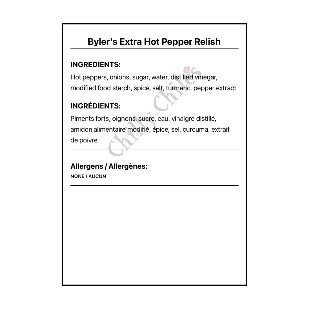 Byler's Extra Hot Pepper Relish - Bilingual Ingredients